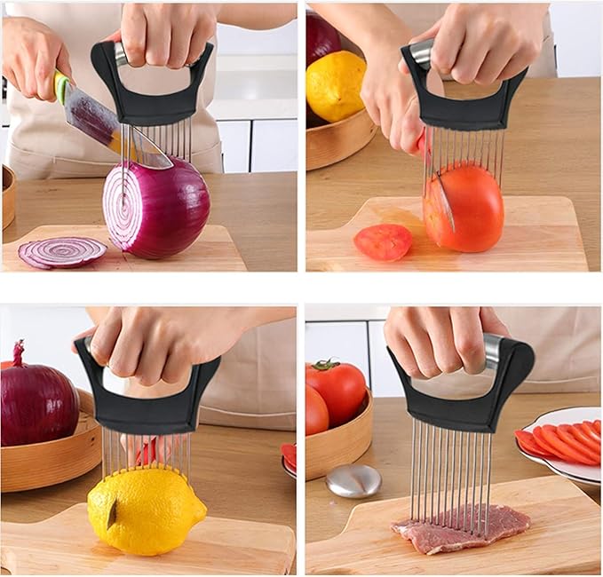 Onion Holder & Food Slicer Cutter Tool – Stainless Steel Vegetable & Fruit Slicing Assistant for Easy, Safe Cutting (Black)