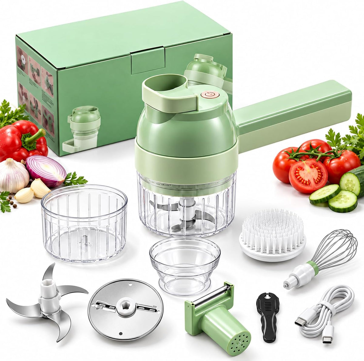 4 in 1 Handheld Electric Vegetable Chopper - 2026 New Wireless Multi Blade Vegetable Cutter Electric, Multi-function Food Processor with Brush & Egg Beater for Chopping, Slicing and Whipping