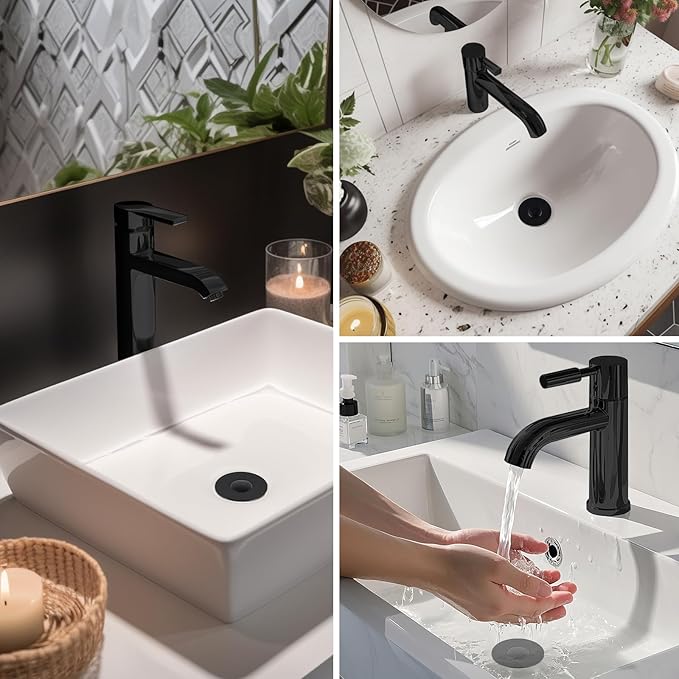 Hibbent 3 Pack 3 in 1 Bathroom Sink Drain Strainer, Universal Pop Up Stopper, Removable Stainless Steel Filter Basket Hair Catcher, Sink Plug for 1.1''~2.36'' Basin, Brass Bullet Core, Matte Black