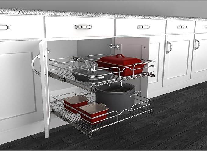Rev-A-Shelf 2-Tier Pullout Shelf and Drawer Organizer for Kitchen Cabinets, Slide Out Storage Basket, Min Opening Width of 23.5", 24" x 22", 5WB2-2422-CR-1
