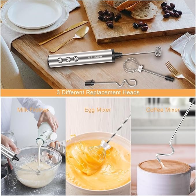 Philorn Coffee Rechargeable Frother With Stand, Handheld Frother Wand for Coffee with 3 Heads 3 Speed, Drink Mixer Handheld Electric Stirrer for Latte, Cappuccino, Matcha, Almond Milk