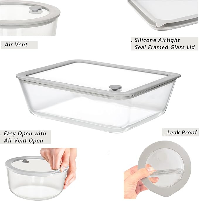 Glass Food Containers with Glass Lid, Microwave Safe Food Storage Container Set, 3 Pack of Large Size, Food Storage Containers with Lids, Meal Prep containers with Leak Proof Lid.