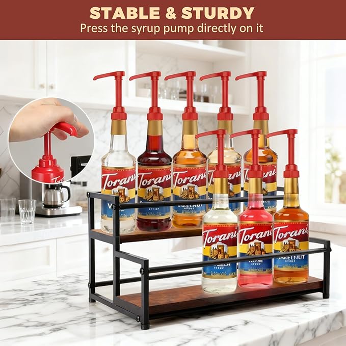 Coffee Syrup Rack Organizer - Metal Bottle Holder for 10 Bottles – Rustic Countertop Display Shelf for Coffee Bar, Kitchen Cabinet, Pantry Storage for Syrups, Liquor, Spice, Tea & Wine (2-Tier)