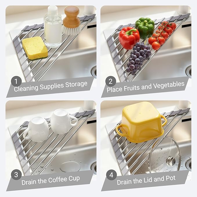 OYEWALLS Corner Sink Roll Up Triangular Dish Drying Rack, Small Multipurpose Stainless Steel Corner Shelf Over the Sink, Kitchen Drainer & Organizer for Space-Saving Storage