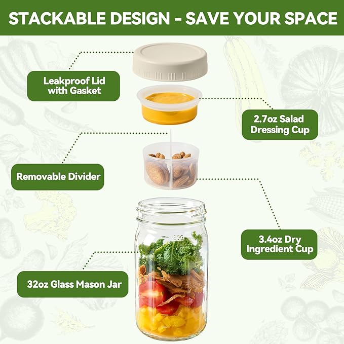 4 Pack Glass Salad Pod Mason Jar with Dressing Cup, 32 oz Salad Container to Go with Lids Meal Food Prep for Adults Lunch, Large Travel Mason Jar Bowl with 2 Insert Dressing & Topping Holder