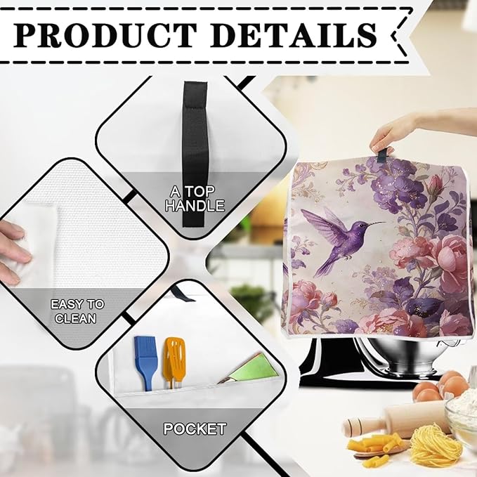 Aesthetic Butterfly Flower Mixer Dust Cover for 4.5-5 Quart Stand Mixers with Top Handle and Storage Pouch Machine Washable Polyester Blender Protector for Kitchen Decor