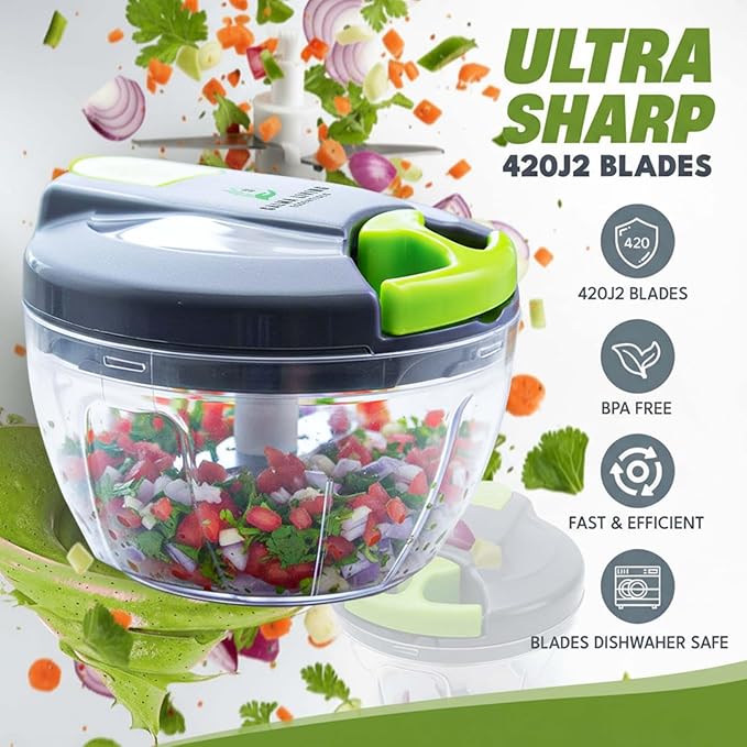 Manual Food Chopper, Hand Pull Vegetable Chopper with Stainless Steel Blades, Multi-Function Food Processor for Onion, Garlic, Meat & Fruits