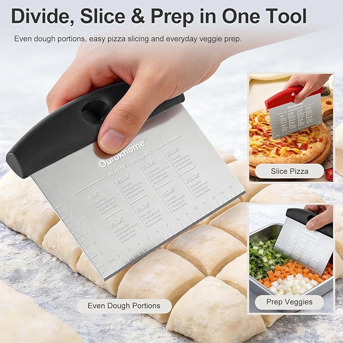 Ourokhome 2 Pack Bench Scraper Dough Cutter, Stainless Steel Dough Scraper with Laser-Etched Scale, Conversion Chart, Non-Slip Handle, Dishwasher Safe for Bread & Pastry, Black and Red