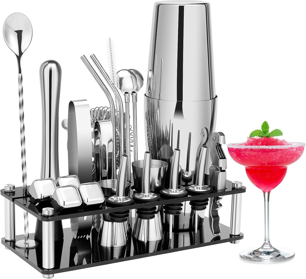 Cocktail Shaker Set, 23 Piece Bartender Kit with Stand Silver