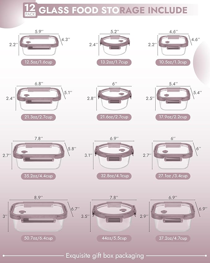 12-Pack Glass Containers with Tempered Lids – Borosilicate, Oven-Safe(-4°F~950°F), Airtight, BPA-Free, Multi-Size for Meal Prep, Dishwasher Safe, 1.6 cups to 6.4 cups (Pink)