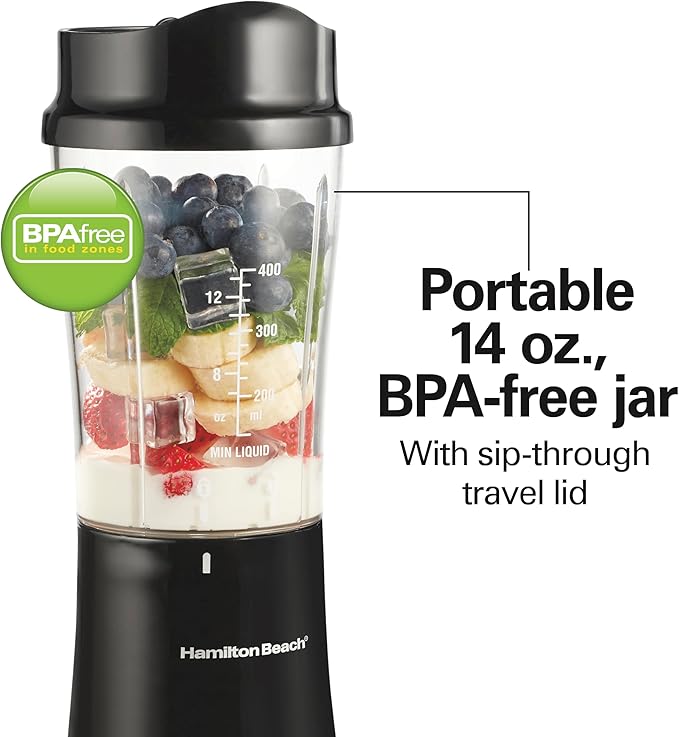 Hamilton Beach Portable for Shakes and Smoothies, 14 Oz BPA Free Travel Cup & Lid, Durable Stainless Steel Blades, Personal Smoothie, Black (51101AG)