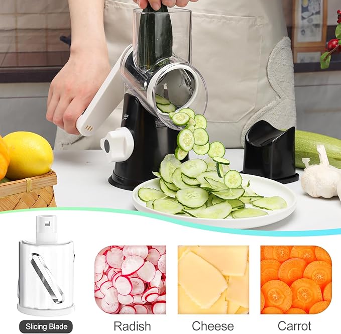 Ourokhome Rotary Cheese Grater Hand Crank, Kitchen Shredder Speed Mandolin Slicer Nuts Grinder with Handle and Drum Blades for Cheese, Vegetable, Walnut, Chocolate, Potato, Carrot, 3 Blades, Black
