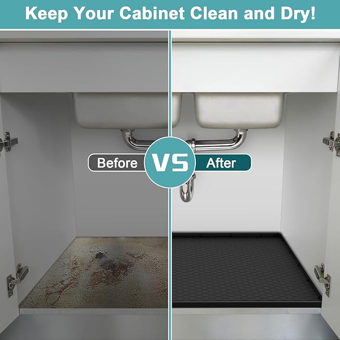 Under Sink Mats for Kitchen Waterproof 31" x 22", Silicone Under Sink Mat and Protectors, Under The Sink Organizer for Kitchen and Bathroom Black