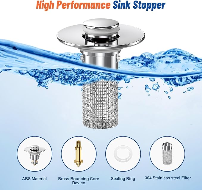 Vakabiu 2024 New Pop Up Bathroom Sink Drain Strainer Hair Catcher, Sink Drain Stopper with Removable Stainless Steel Filter Basket,for US Bathroom Sink Stopper Replacement (2PCS)