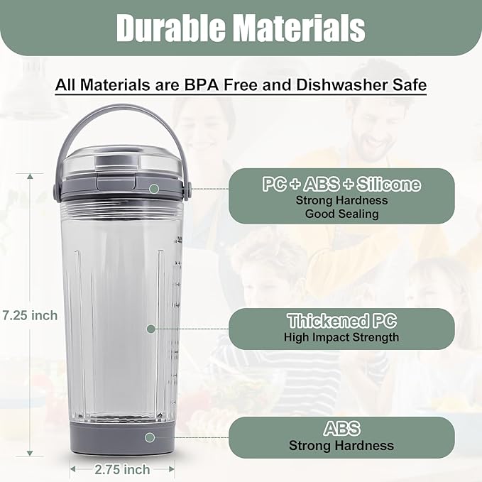 18 oz Vessel Replacement Compatible with Ninja Blast Portable Blender, Replacement 18oz Cup with Sip Lid & Bottom Cap for Ninja Portable Blenders BC151BK BC151NV BC151WH BC151CR BC151EM, PC,Grey
