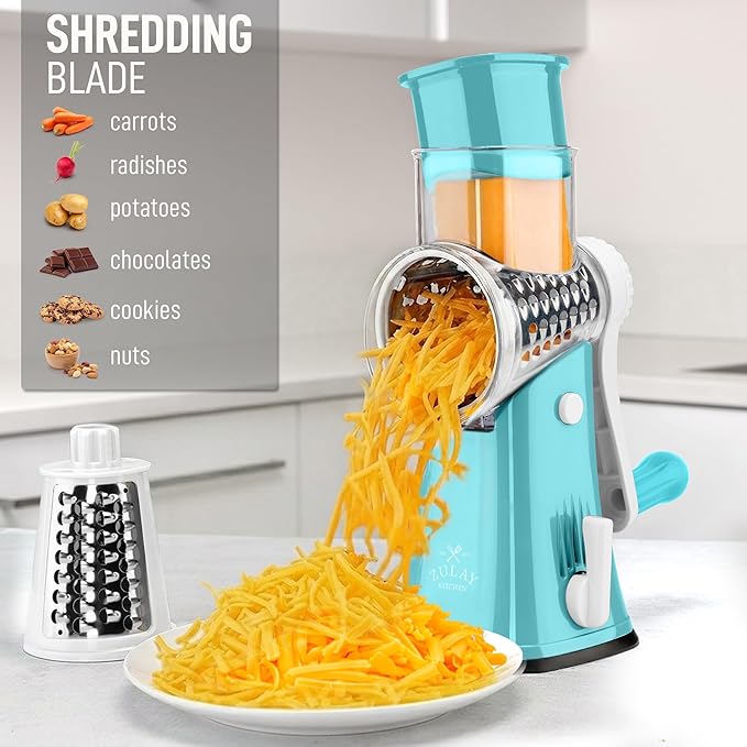Zulay Kitchen Rotary Cheese Grater 5 Blade Cheese Shredder - Manual Hand Crank Cheese Grater With Reinforced Suction & 5 Interchangeable Drums
