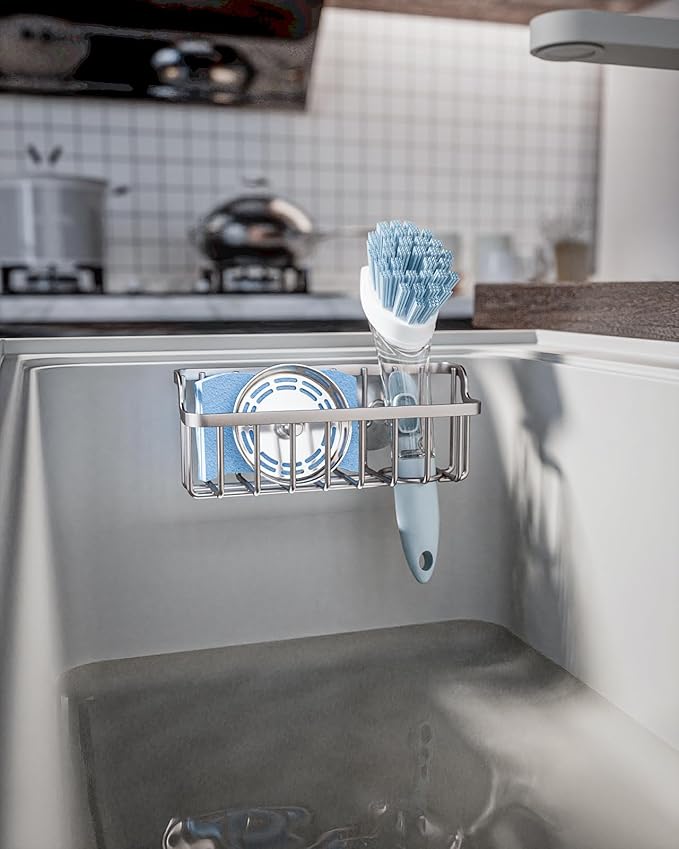 Consumest Sponge Holder Sink Caddy - Ladder Shaped Sponge Holder for Kitchen Sink with 2 Installation Ways (Suction Cups & Adhesive Hook), Rustproof Stainless Steel Kitchen Organizer, Sand Nickel