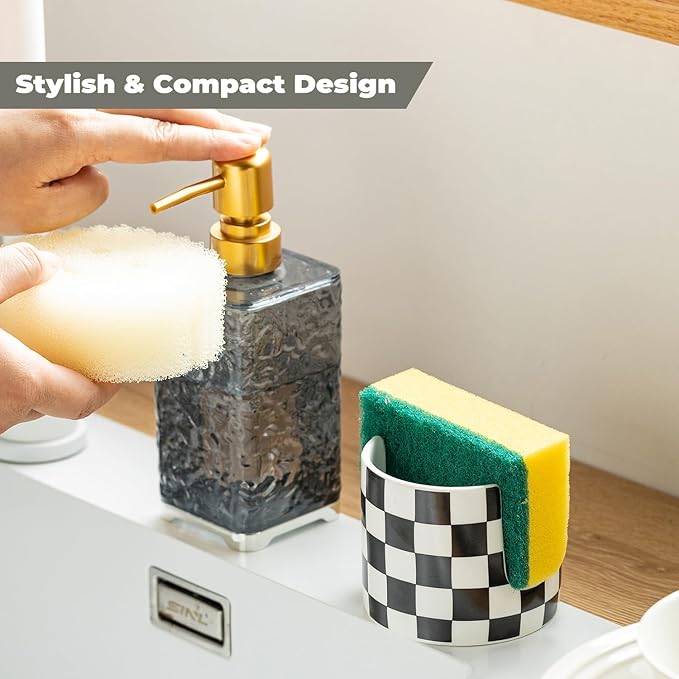 Zoeeker Checkered Kitchen Sink Sponge Holder, Dish Sponge Rack Ceramic Brush Holder Farmhouse Kitchen Drying Rack for Brush, Scrubbers, Bathroom, Sink, Black and White