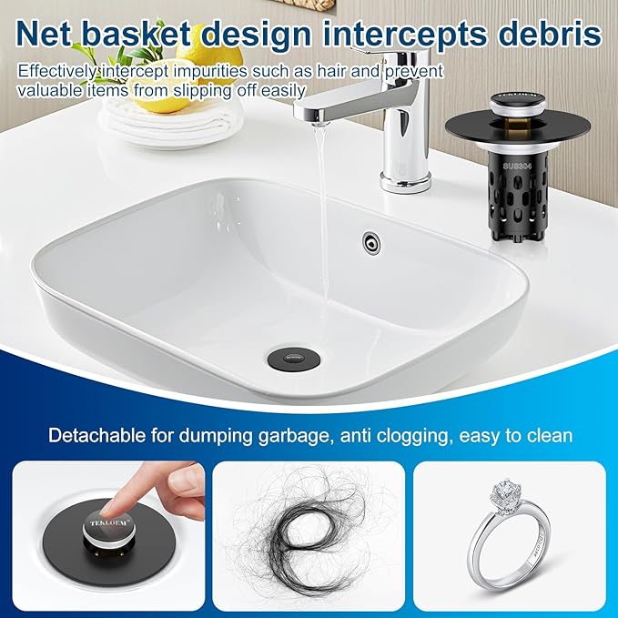 Bathroom Sink Drain Strainer,All Metal Pop-Up Sink Stopper with Removable Stainless Steel Filter Basket, Universal Bathroom Hair Catcher Fit for 1.1-2.36'' Drain (Black, 2 Pack)