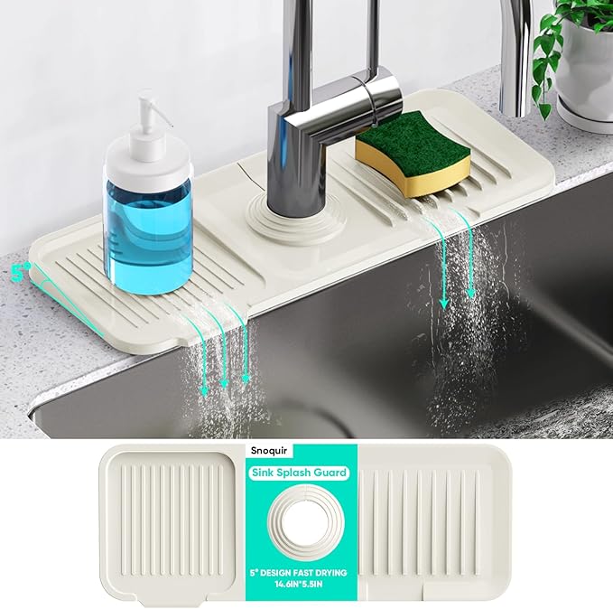 14.6 inch Faucet Mat for Kitchen Sink [5°Slope Fast Self-draining] Faucet Mat Kitchen Sink Splash Guard Silicone Sink Splash Guard Kitchen Sink Area Tidy Splash Faucet Guard Draining Mat-Beige
