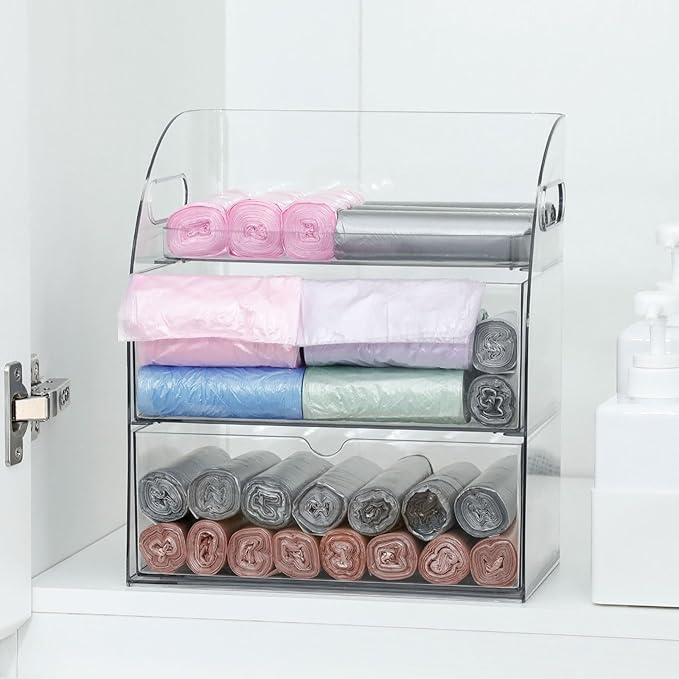 Clear Kitchen and Pantry Organizer with Drawer, Plastic Trash Bags and Dishwasher Pods Dispenser Holder Under Sink, Large Storage Container with Handle for Laundry and Bathroom