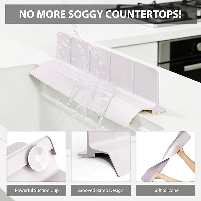 23Inch Sink Splash Guard – Extended Length & Tall Silicone Kitchen Sink Splash Guard with Overhang Drainage Design & Strong Suction Cups for Countertop (Light Pink, 23''x3.5'')