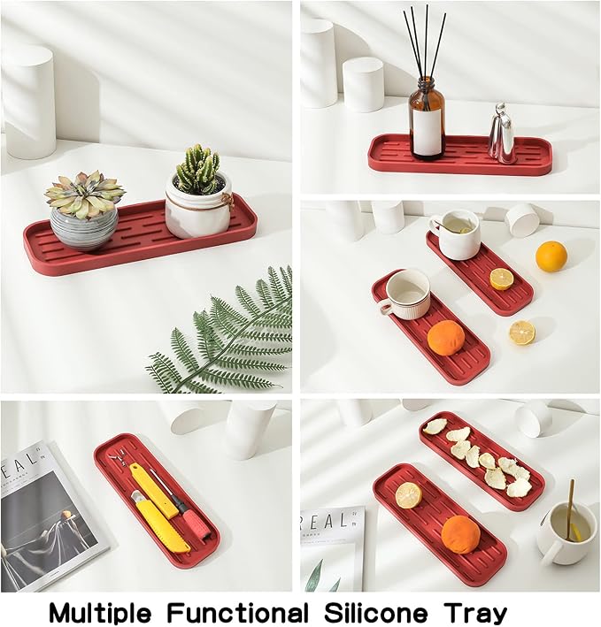 MicoYang Silicone Kitchen Sink Organizer Tray for Multiple Usage,Eco-Friendly Sponges Holder for Kitchen Bathroom Counter or Sink,Dish Soap Dispenser,Scrubber,Bottle,Cup (Red, 12"×4")
