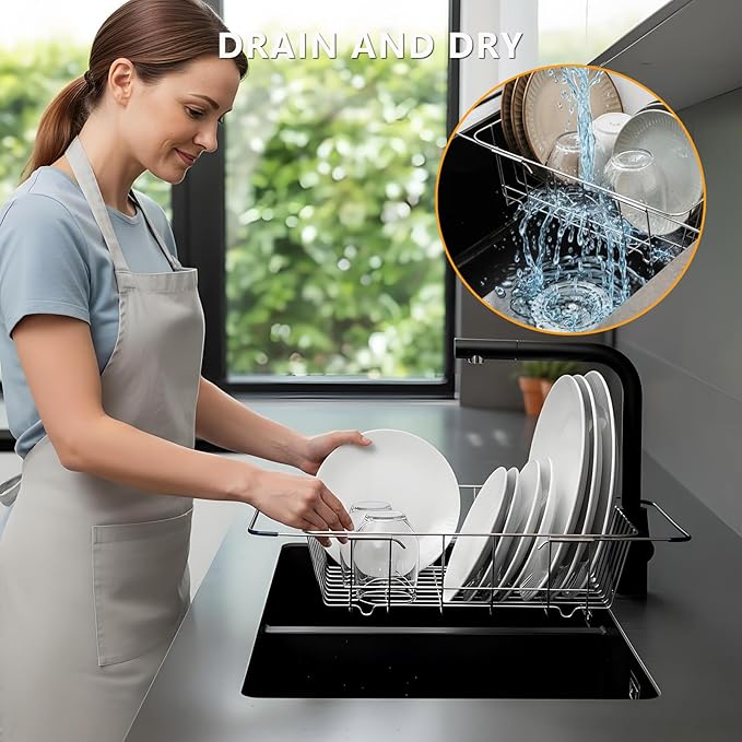 Over The Sink Dish Drainer Drying Rack - Expandable Stainless Steel in Sink Dish Drying Rack, High-Capacity, Rustproof, Easy Install, with Utensil Holder - Dish Racks for Kitchen Counter