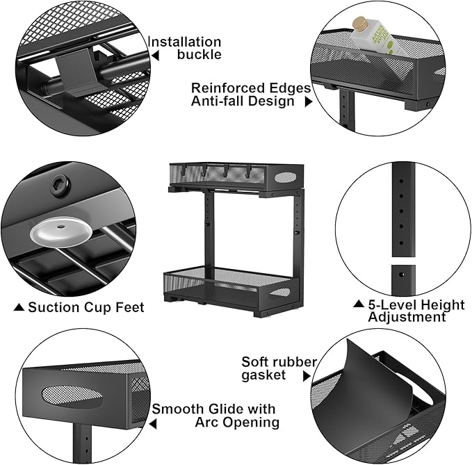 2 Pack Under Sink Pull Out Organizer, 5-Level Adjustable Height to Fit U/L Shape Plumbing Pipes, Carbon Steel 2-Tier Storage Rack for Kitchen Bathroom Cabinet, Black