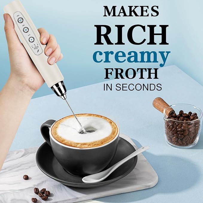 BSRGMS Milk Frother Handheld for Coffee, Electric Whisk 3 Speed Adjustable, Drink Mixer with Stainless 3 Whisks, Rechargeable Hand Frother Wand, for Latte Cappuccino Hot Chocolate Egg Beige