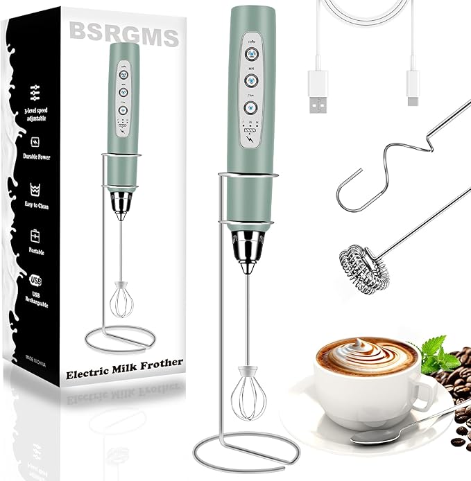 BSRGMS Milk Frother Handheld with Stand, Electric Whisk 3 Speed Adjustable, Drink Mixer with Stainless 3 Whisk, Rechargeable Hand Frother Wand, Foam Maker for Latte Cappuccino Matcha Egg Morandi Green