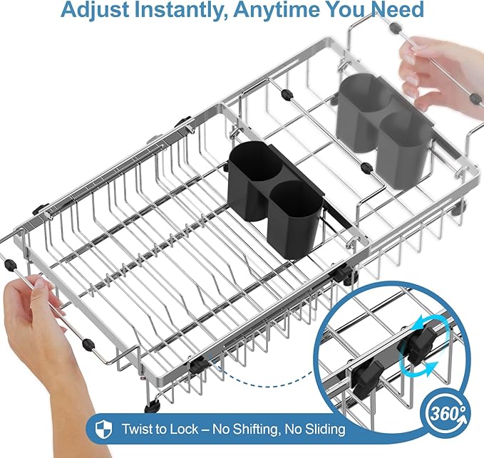 GSlife Expandable Over the Sink Dish Drying Rack with Cup Holder - Stainless Steel Dish Drainer with Locking Knob, Size Adjustable Dryer Strainer for Kitchen, Fit Sink 10.8"-17.9" L, Silver