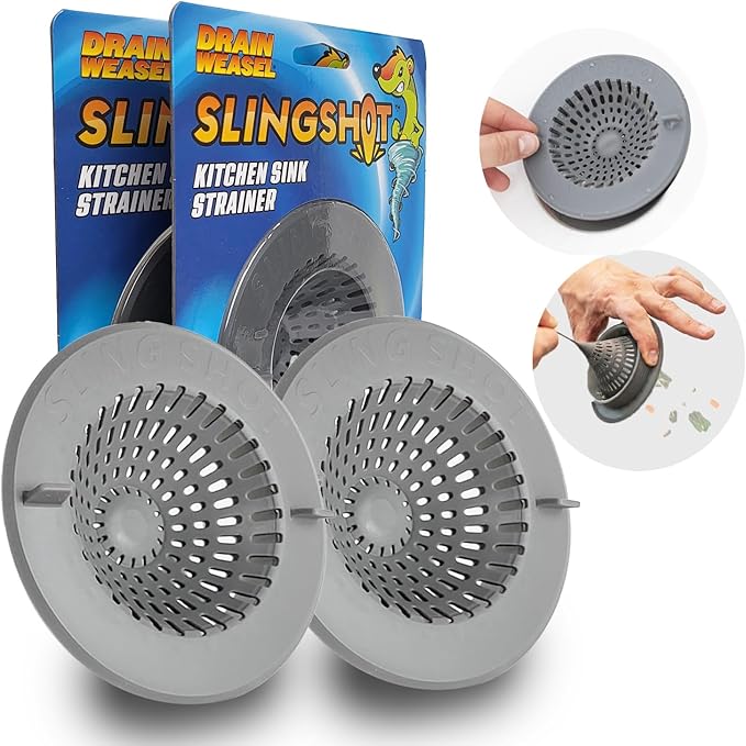 Drain Weasel Slingshot Kitchen Sink Drain Strainer Cover Basket, Food Catcher and Stopper, Screen Filter, Dishwasher Safe, Silicone and Plastic, 2 Pack