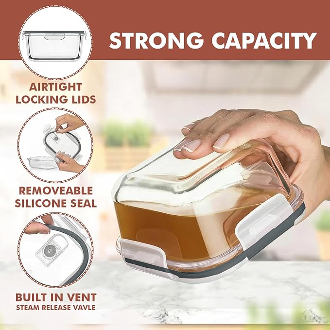 Razab 24 Pc Airtight Glass Food Storage Containers - Glass Meal Prep Containers - Freezer to Oven Safe - Steam Release Valve BPA Free - Airtight Bento Boxes - Leak Proof (12 lids & 12 Containers)