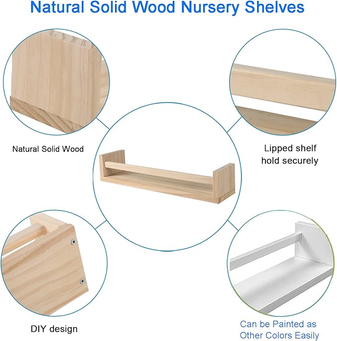 JORIKCHUO Nursery Book Shelves, Set of 2 Wood Floating Book Shelves for Kids Room, Kitchen Spice Rack, or Rustic Wall Mounted Shelves for Farmhouse Bathroom Décor (Natural Wood)