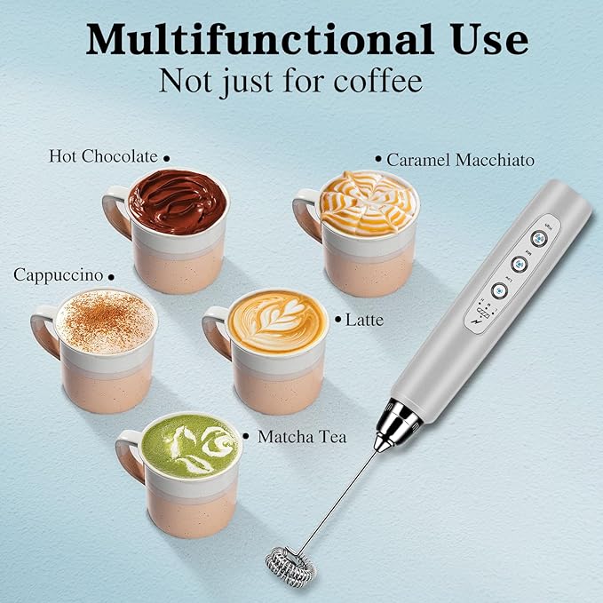 BSRGMS Milk Frother Handheld with Stand, Electric Whisk 3 Speed Adjustable, Drink Mixer with Stainless 3 Whisk, Rechargeable Hand Frother Wand, Foam Maker for Latte Cappuccino Hot Chocolate Egg Silver