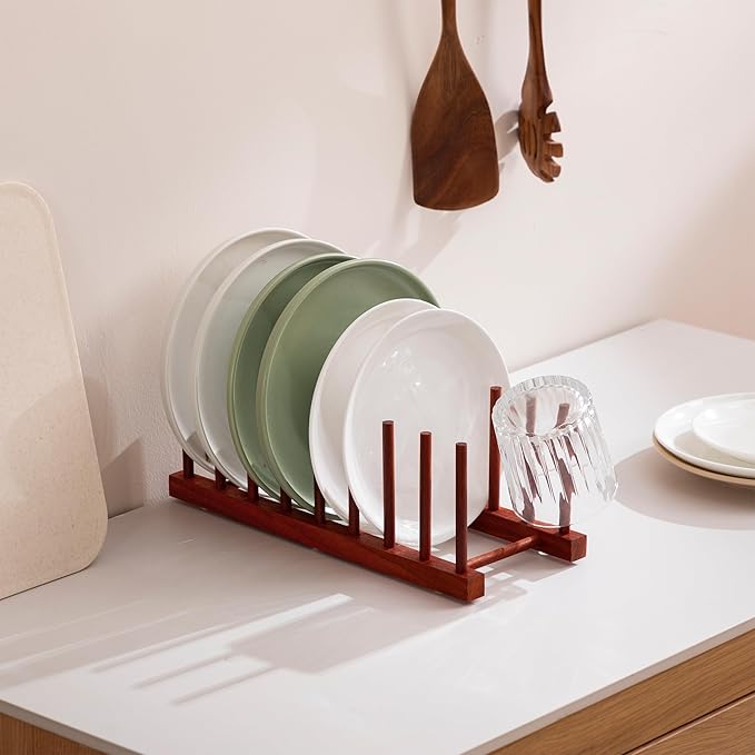 HBlife 4pcs Rosewood Wooden Dish Drying Rack - Home and Kitchen Organizer for Cups, Bowls, Pots, Lids, Cutting Boards & Plates Space-Saving for Cabinets Counters (8 Slots)