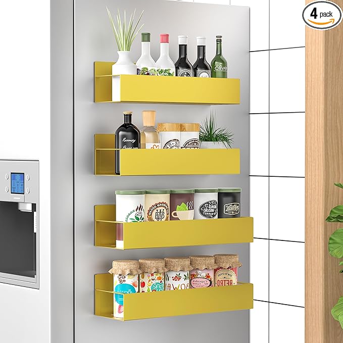 HuggieGems 4 Pack Magnetic Spice Storage Rack Organizer for Refrigerator and Oven, Gold Fridge Organizers and Storage