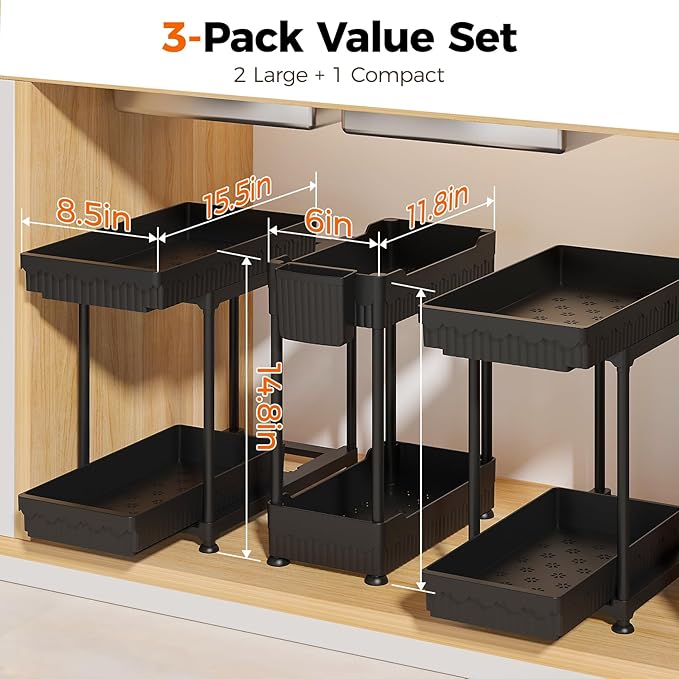 Sevenblue 3 Pack Under Sink Organizer, 2 Tier Slide Out Bathroom Cabinet Organizer, Multi-Purpose Storage Shelf for Kitchen, Black, 14.8Inch