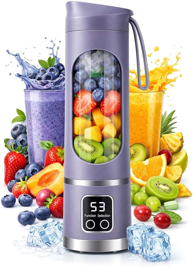 Portable 16oz Wireless Juicer, Portable Blender Personal Electric-Digital Multimode Smart LED Display, 3 Speed12-Blade Fresh Juice Bottle, USB Rechargeable for Shakes and Fruit Juice (Purple)