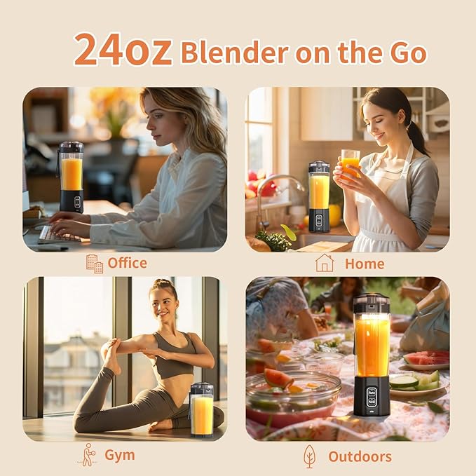Portable Blender, 360 Watt Personal Blenders with Pulse Mode, Shakes and Smoothies, 6000mAh, BPA Free 24 Oz Blender Cup with 6 Blades and Lid, USB-C, Self Cleaning Portable Juicer For Travel, Black