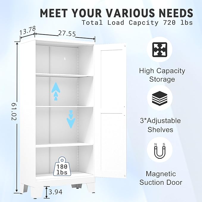 GAIOUS 61.02" Pantry Cabinet, Kitchen Pantry Storage Cabinets with Adjustable Shelves and Feet, White Pantry Storage Cabinet for Kitchen, Dining Room, Living Room and Bathroom (White) Metal