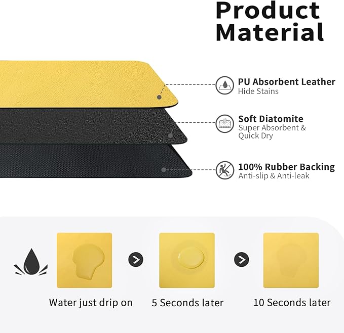 HotLive Dish Drying Mat for Kitchen Counter, Heat Resistant Drainer Mats with Non-slip Rubber Backed, Hide Stain Kitchen Super Absorbent Draining Mat, Easy to Clean Dish Rack Pad, Yellow 16"x20"