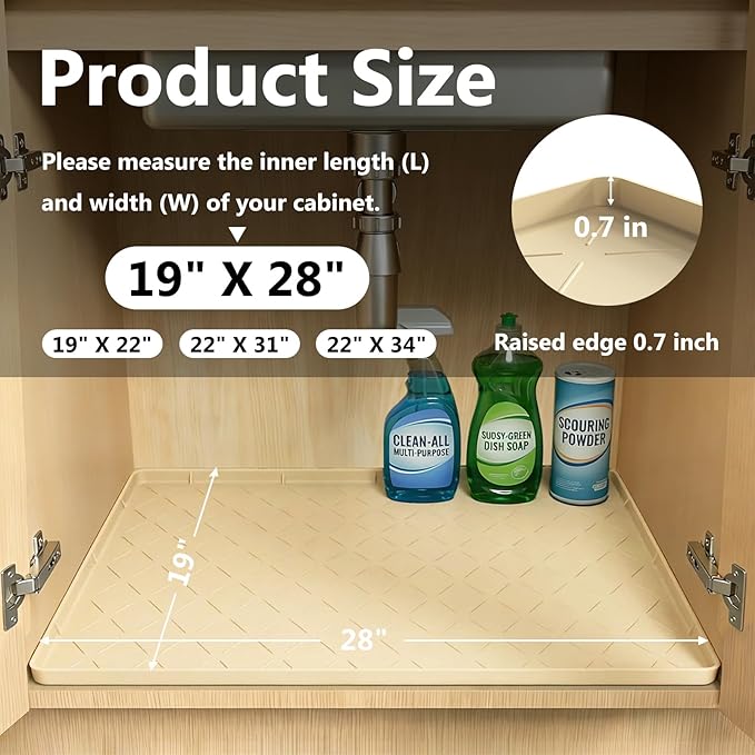 Mateeylife Under Sink Mats for Kitchen Waterproof 28"X19", Undersink Protectors，Silicone Mat Cabinet Liner, Under Sink Organizer for Bathroom and Kitchen，Boot Tray Pet Food Mat, Khaki