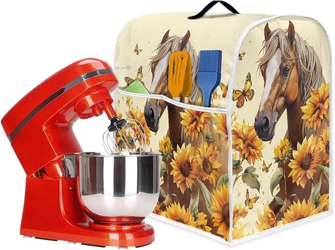 Sunflower Horse Mixer Cover | Foldable & Portable Dust Protector with Carrying Handles | Compatible with 4.5-5 Quart Stand Mixers, Coffee Makers & Juicers