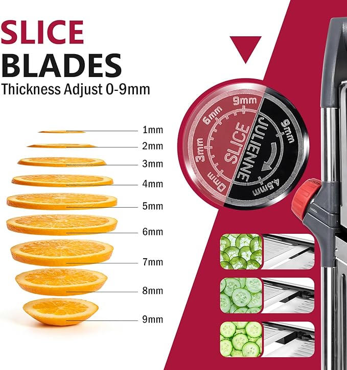 Masthome Adjustable Mandoline Slicer, Thin to 9mm Slice, 4.5mm & 9mm Julienne - Vegetable Cutter for Potato Carrot Onion - Stainless Steel - with Glove & Brush (Red)