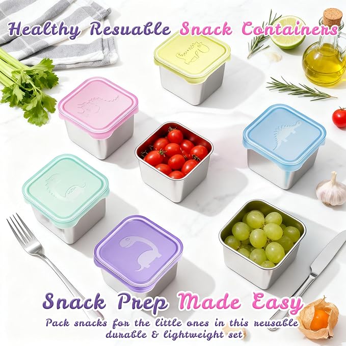 Tanjiae 6-Pack Small (6 oz) Stainless Steel Snack Containers for Kids, Easy-Open Toddler Snack Containers with Lids - Cute Dinosaur Small Stackable Metal Lunch Box for Daycare, School, Travel