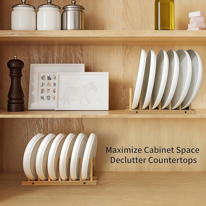 DEBETOOL 2 Pack Wooden Dish Rack Holder - Bamboo Plate Organizer for Cabinet Dishes Pots Lid & Cutting Boards, Kitchen Cabinet Space Saving Storage Solution
