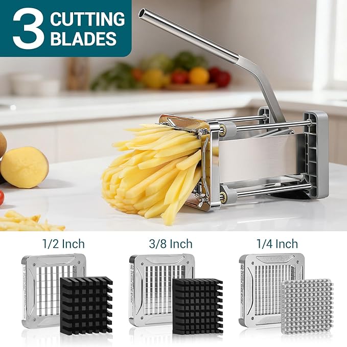 French Fry Cutter, Sopito Professional Stainless Steel Potato Cutter with 1/2", 1/4", 3/8" & Wedge Blades for Potatoes, Carrots, Apples