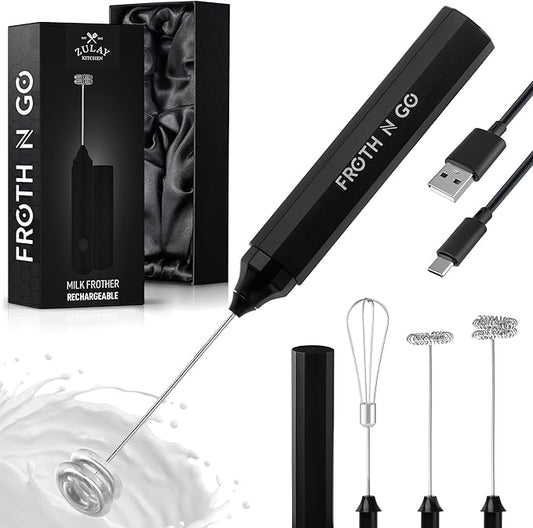 Zulay Froth N Go Milk Frother – Rechargeable 3-in-1 Handheld Frother Wand with Travel Case & USB-C Charger – Single, Double & Egg Whisk for Latte, Cappuccino, Matcha, Protein Shakes – Black